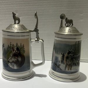 Wolf-Themed Ceramic Mugs with Pewter Lids